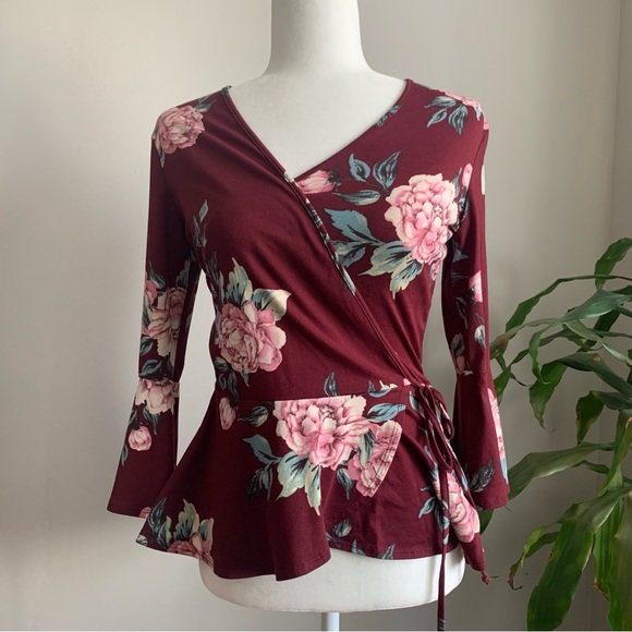 iZ Byer Burgundy Floral wrap top - Picture 1 of 8